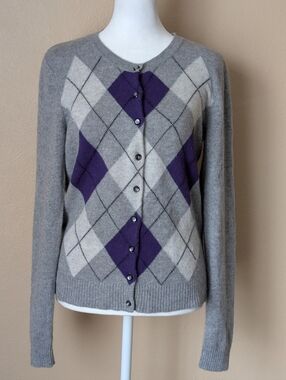 Apt. 9 Cashmere Gray and Purple Argyle Button-Up Cardigan